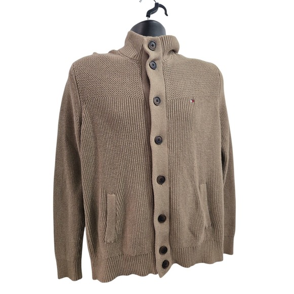 Tommy Hilfiger Other - Tommy Hilfiger Men's M Full Button Mock Neck Cardigan Sweater Tan Cotton Knit
